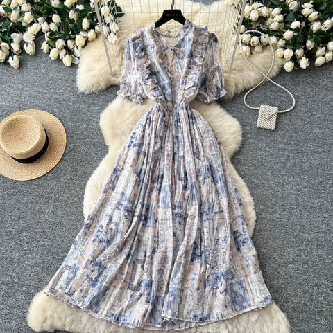 French Style V-neck Floral Dress