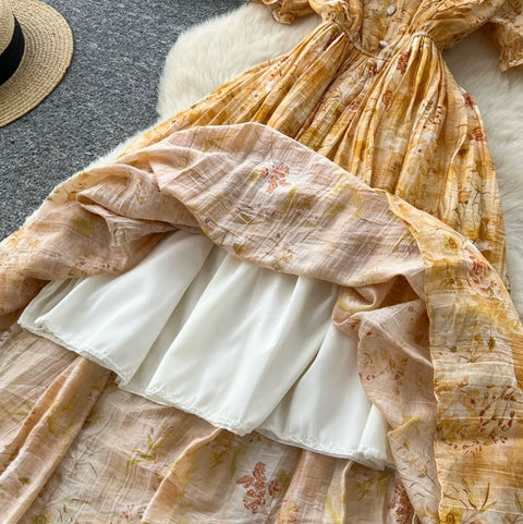 French Style V-neck Floral Dress