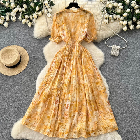 French Style V-neck Floral Dress