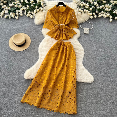 Hollowed Lace Shirt & Skirt 2Pcs