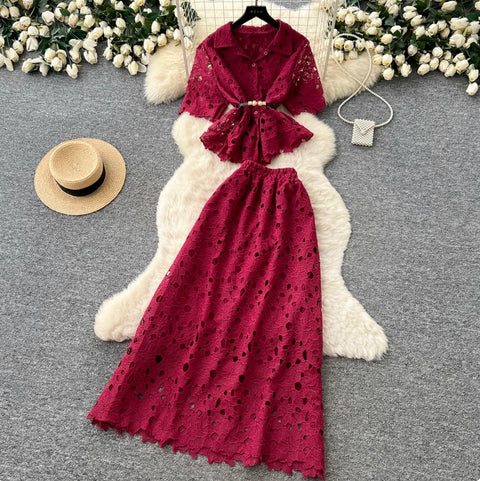 Hollowed Lace Shirt & Skirt 2Pcs