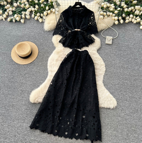 Hollowed Lace Shirt & Skirt 2Pcs