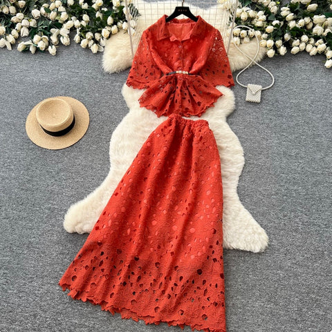 Hollowed Lace Shirt & Skirt 2Pcs