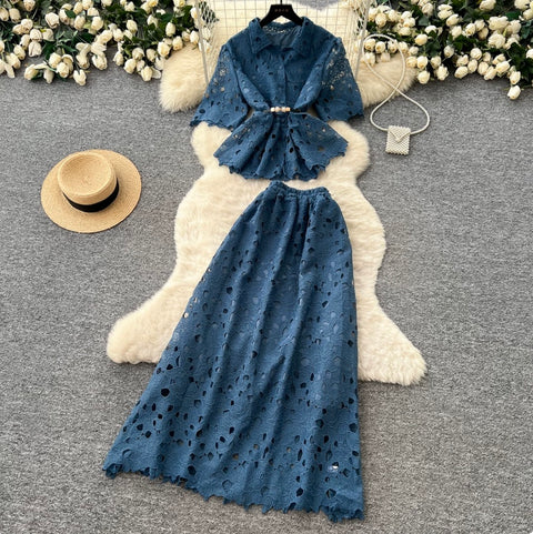 Hollowed Lace Shirt & Skirt 2Pcs