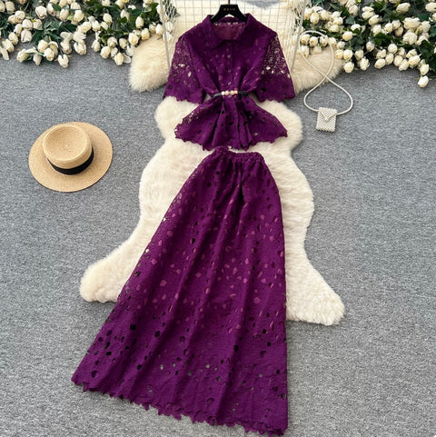 Hollowed Lace Shirt & Skirt 2Pcs