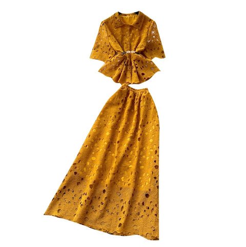 Hollowed Lace Shirt & Skirt 2Pcs