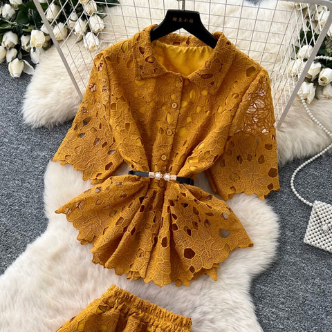Hollowed Lace Shirt & Skirt 2Pcs