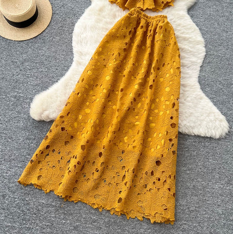 Hollowed Lace Shirt & Skirt 2Pcs