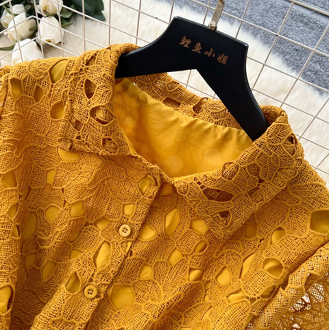 Hollowed Lace Shirt & Skirt 2Pcs
