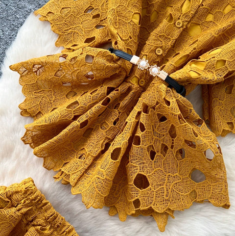 Hollowed Lace Shirt & Skirt 2Pcs