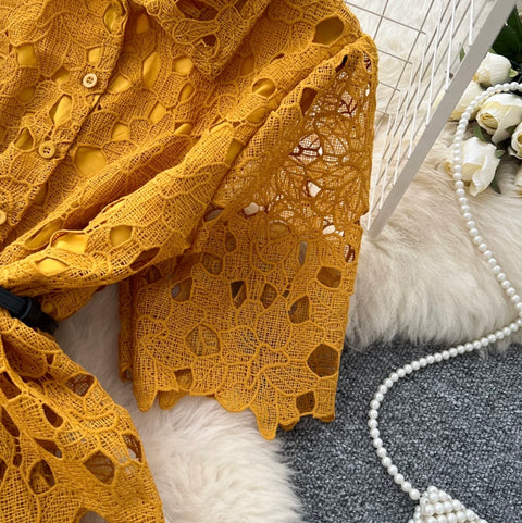 Hollowed Lace Shirt & Skirt 2Pcs