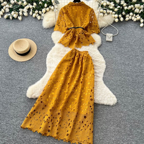 Hollowed Lace Shirt & Skirt 2Pcs