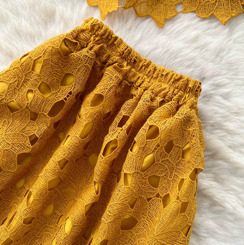 Hollowed Lace Shirt & Skirt 2Pcs