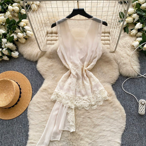 Lace Trim Thin Mesh Vest