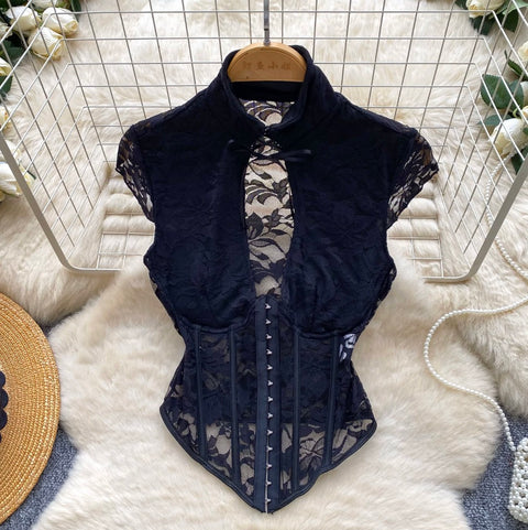 Sexy Black Lace Fishbone Top
