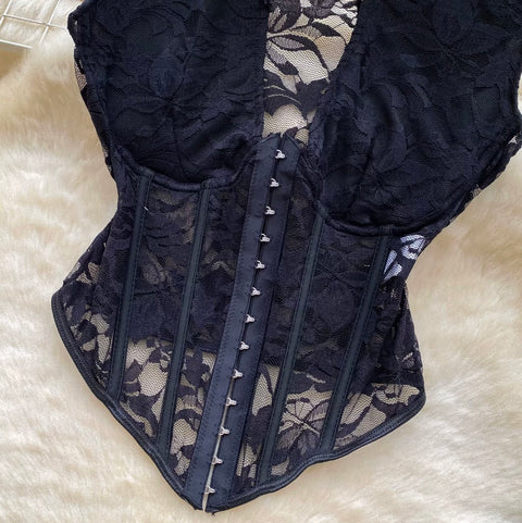 Sexy Black Lace Fishbone Top