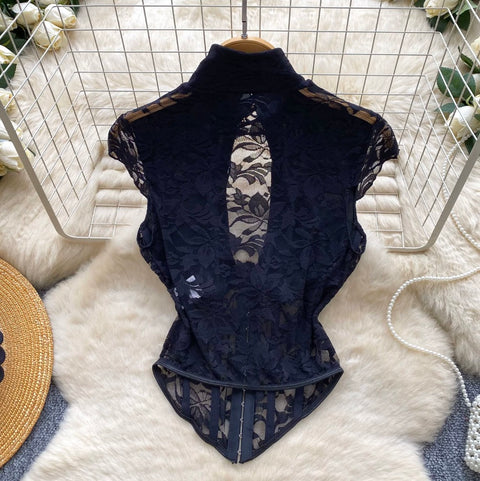 Sexy Black Lace Fishbone Top