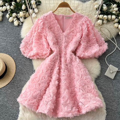 Courtly V-neck 3D Floral Dress