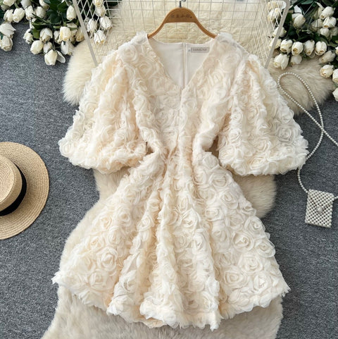 Courtly V-neck 3D Floral Dress