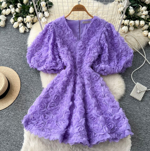 Courtly V-neck 3D Floral Dress