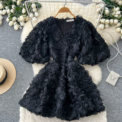 Courtly V-neck 3D Floral Dress