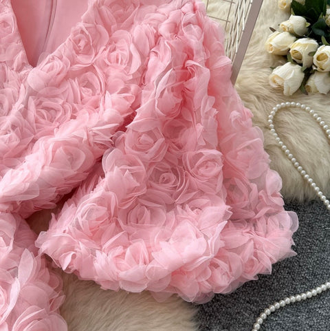 Courtly V-neck 3D Floral Dress