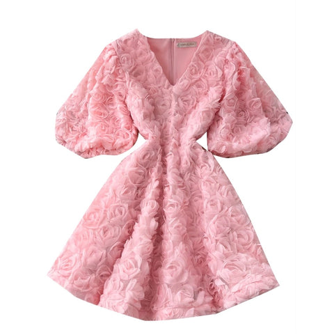 Courtly V-neck 3D Floral Dress