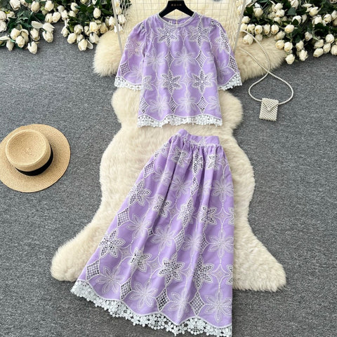 Hollowed Lace Shirt & Skirt 2Pcs