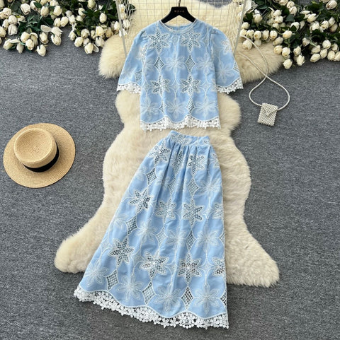 Hollowed Lace Shirt & Skirt 2Pcs