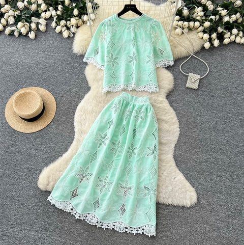 Hollowed Lace Shirt & Skirt 2Pcs
