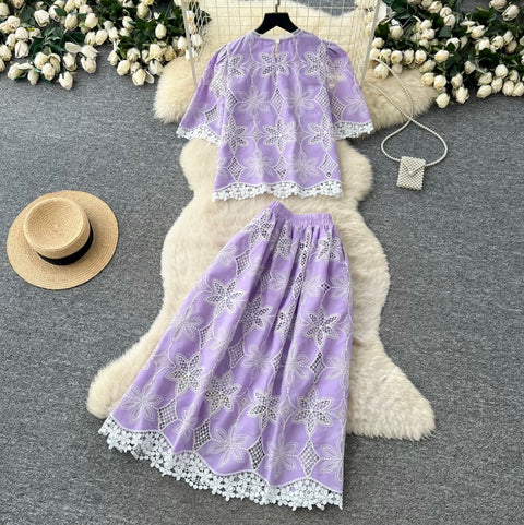 Hollowed Lace Shirt & Skirt 2Pcs