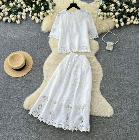 Hollowed Lace Shirt & Skirt 2Pcs