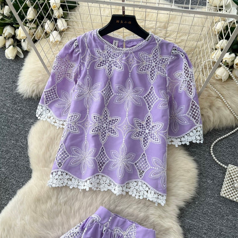 Hollowed Lace Shirt & Skirt 2Pcs