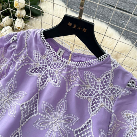 Hollowed Lace Shirt & Skirt 2Pcs