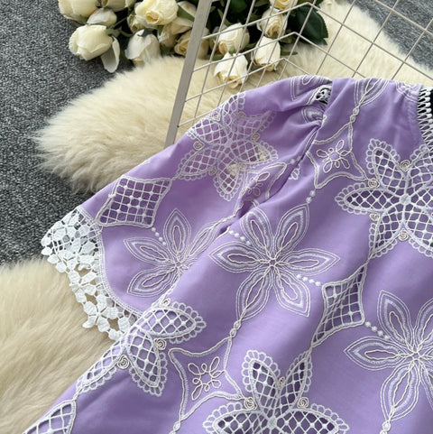 Hollowed Lace Shirt & Skirt 2Pcs