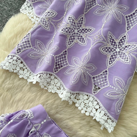 Hollowed Lace Shirt & Skirt 2Pcs