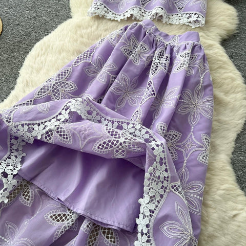 Hollowed Lace Shirt & Skirt 2Pcs
