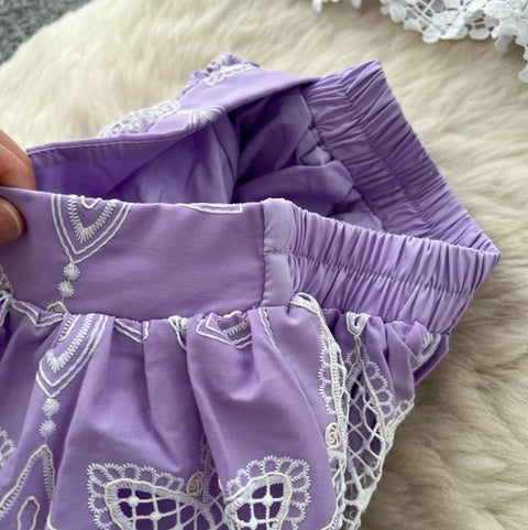 Hollowed Lace Shirt & Skirt 2Pcs
