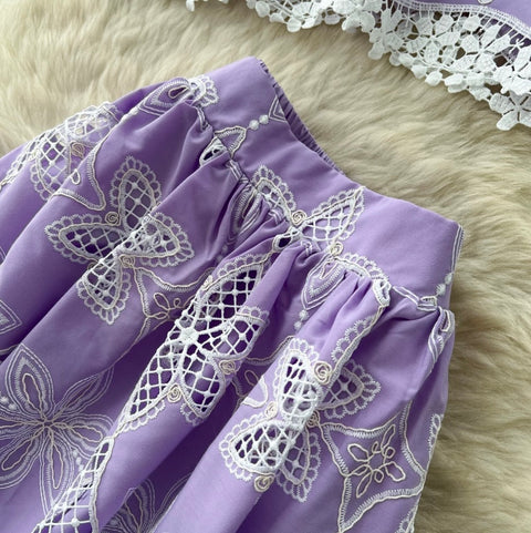 Hollowed Lace Shirt & Skirt 2Pcs
