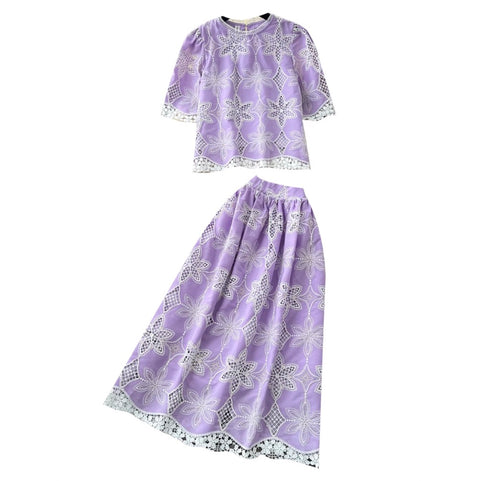 Hollowed Lace Shirt & Skirt 2Pcs