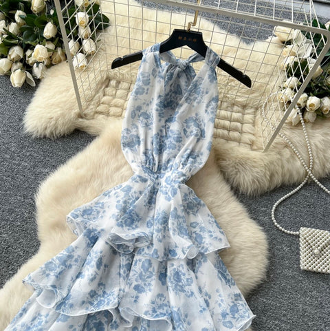 French Style Floral Halter Dress