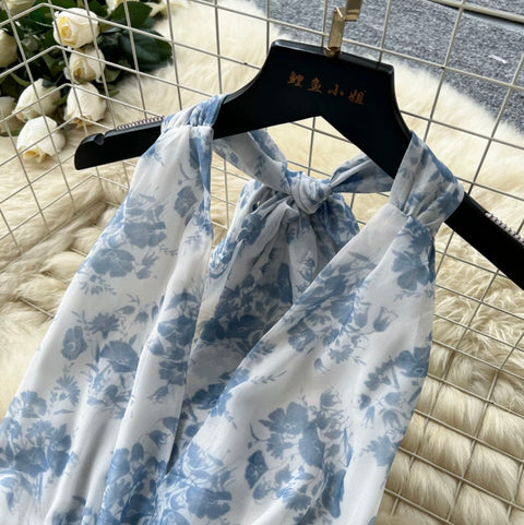 French Style Floral Halter Dress