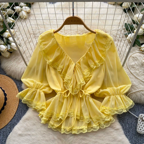 V-neck Ruffled Lace Shirt