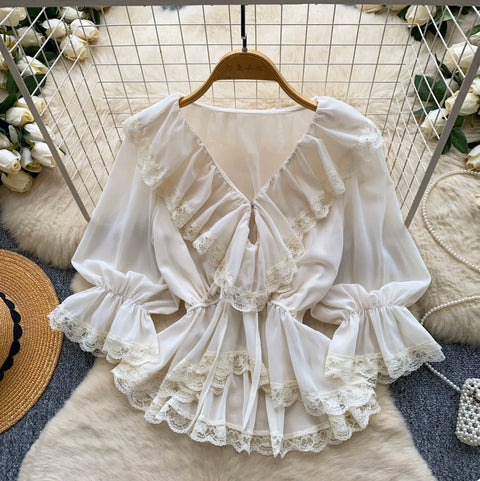 V-neck Ruffled Lace Shirt