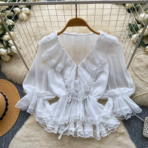 V-neck Ruffled Lace Shirt