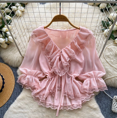 V-neck Ruffled Lace Shirt