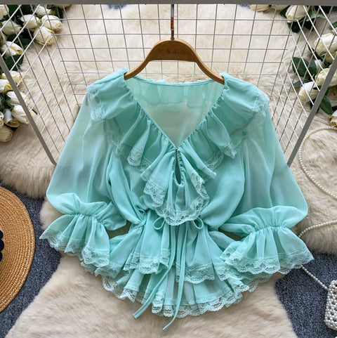 V-neck Ruffled Lace Shirt