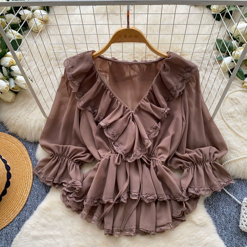 V-neck Ruffled Lace Shirt