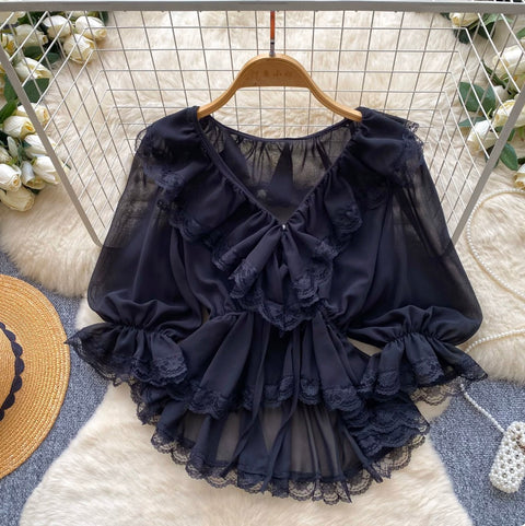 V-neck Ruffled Lace Shirt