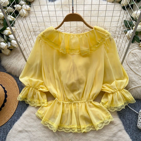V-neck Ruffled Lace Shirt